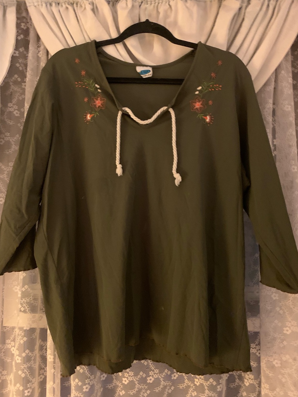 Vintage Olive Green Embroidered Rope-Tie Blouse